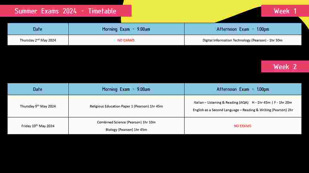 Summer 2024 Exam Timetable Overview Page 1